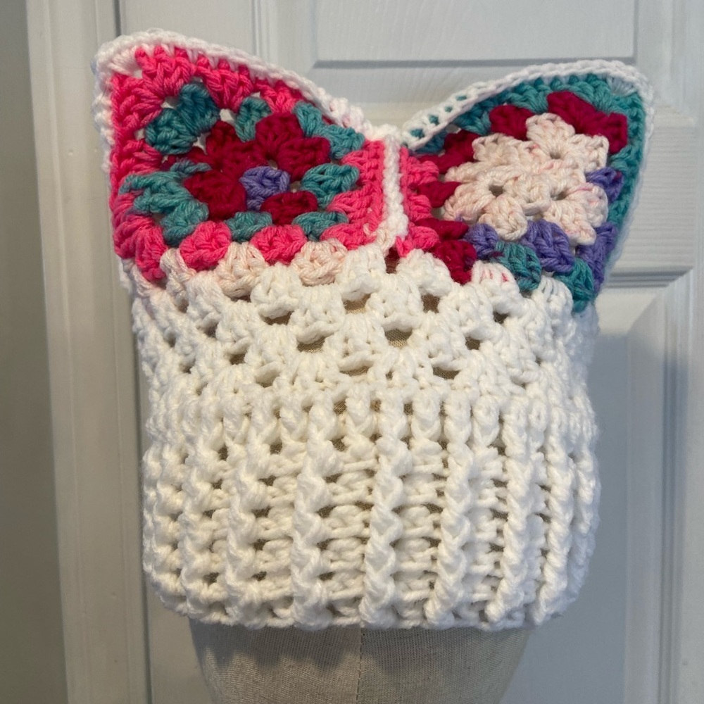 Handmade Crochet Cat Animal Ear Beanie Hat Cozy Ribbed Brim Stretch Winter Hat